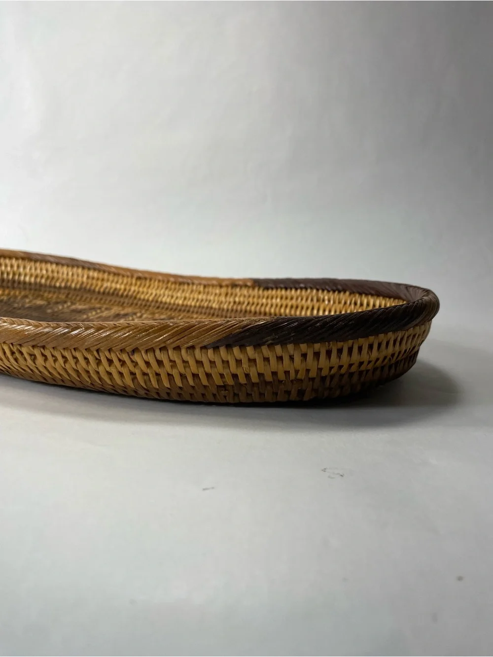 Artisan Two-Tone Hand-Woven Oval Oblong Geometric Pattern Rattan Basket Tray
